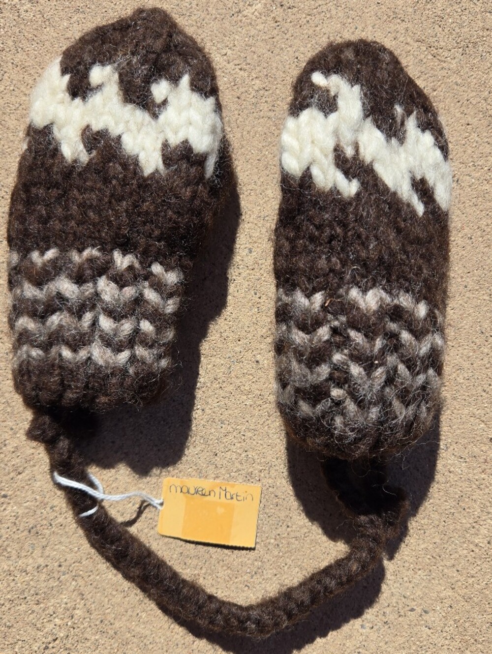 Handmade Cowichan Brown and White Kids Mittens - Wool Knit Genuine Indian